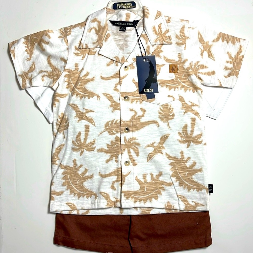 3 pc boys set. Dino shirt, tee, twill short. NWT